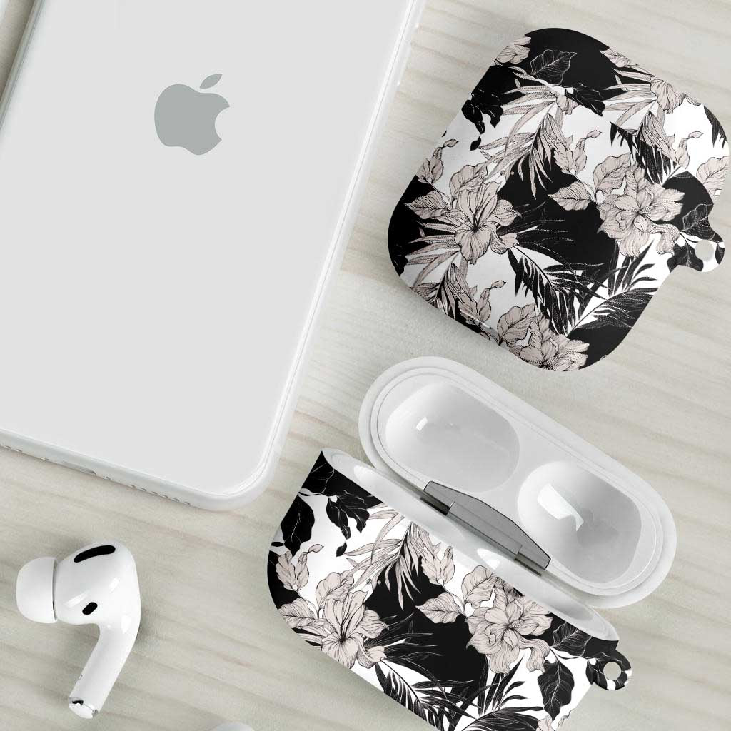 Black White Monotone Tropical Flowers Pattern AirPods Case - Polynesian Pride