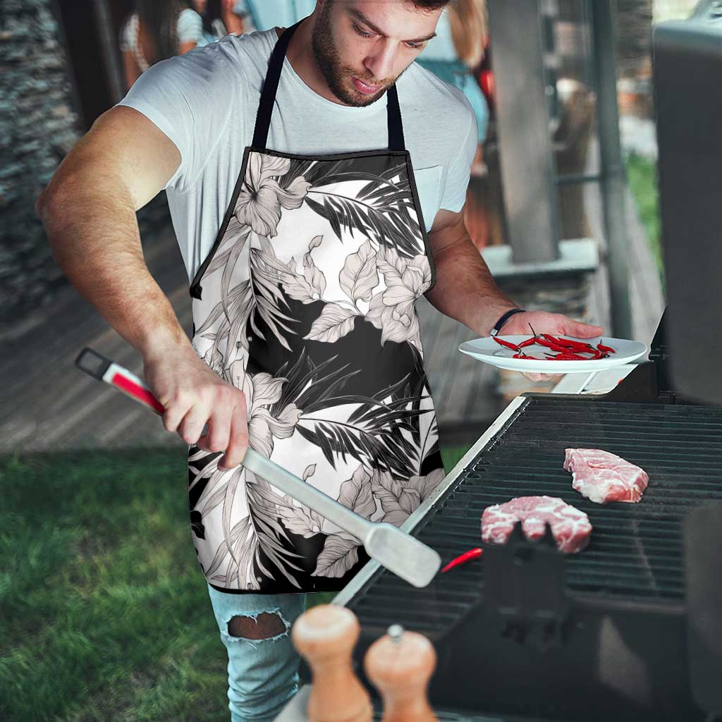Black White Monotone Tropical Flowers Pattern Apron - Polynesian Pride