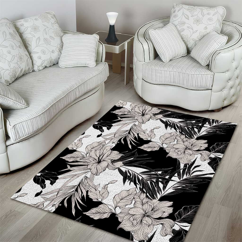 Black White Monotone Tropical Flowers Pattern Area Rug - Polynesian Pride