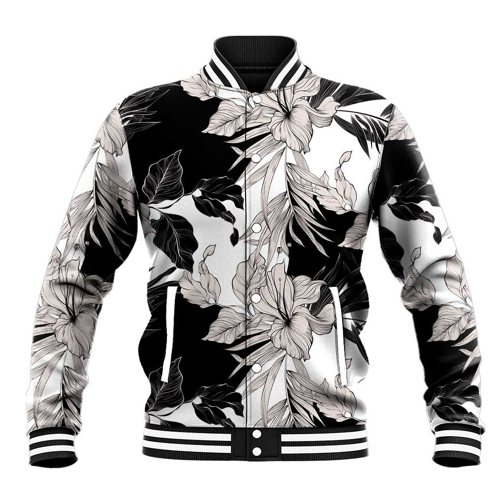 Black White Monotone Tropical Flowers Pattern Baseball Jacket - Polynesian Pride