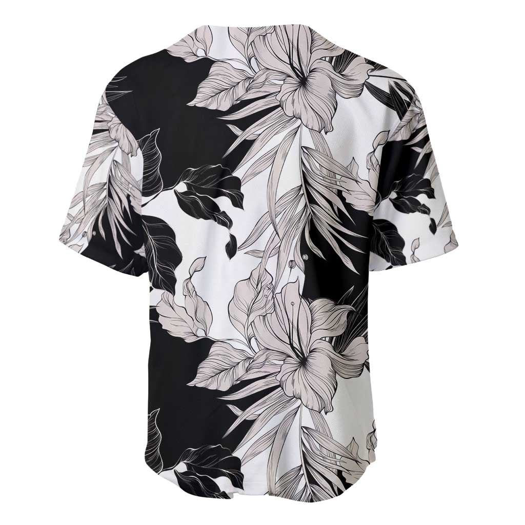 Black White Monotone Tropical Flowers Pattern Baseball Jersey - Polynesian Pride
