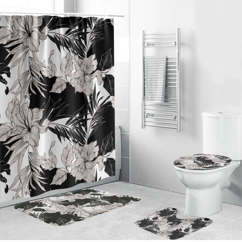 Black White Monotone Tropical Flowers Pattern Bathroom Set LT01 Bathroom Set (4 pcs) Black - Polynesian Pride
