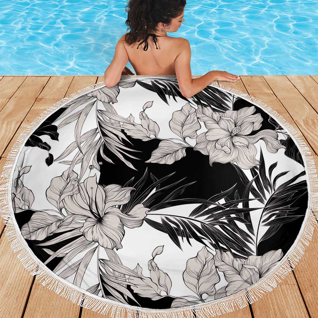 Black White Monotone Tropical Flowers Pattern Beach Blanket - Polynesian Pride