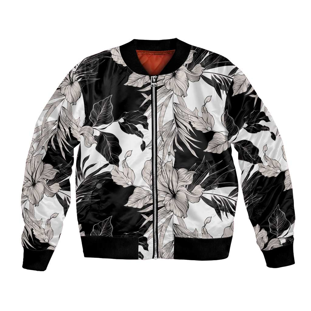 Black White Monotone Tropical Flowers Pattern Bomber Jacket - Polynesian Pride