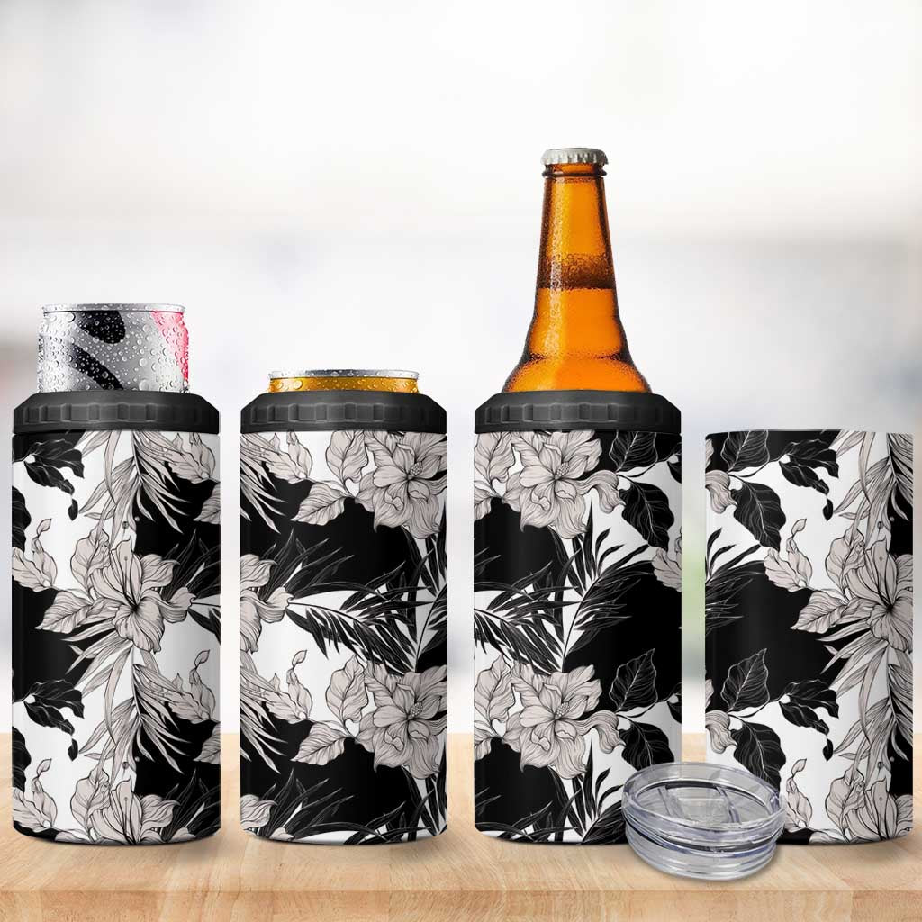 Black White Monotone Tropical Flowers Pattern 4 in 1 Can Cooler Tumbler - Polynesian Pride