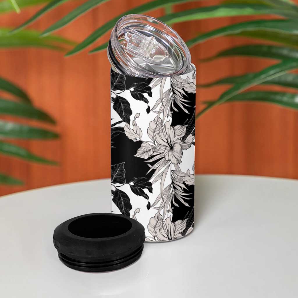 Black White Monotone Tropical Flowers Pattern 4 in 1 Can Cooler Tumbler - Polynesian Pride