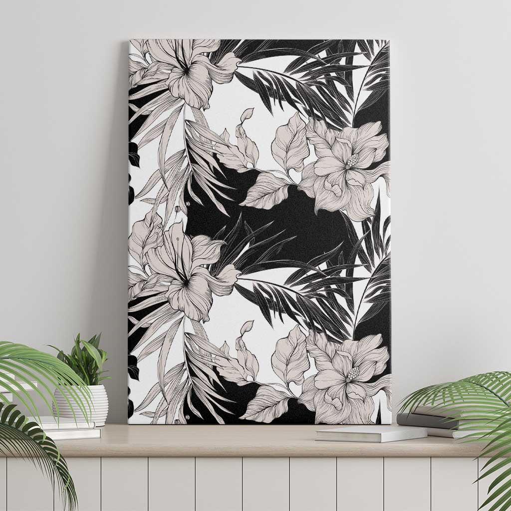 Black White Monotone Tropical Flowers Pattern Canvas Wall Art - Polynesian Pride
