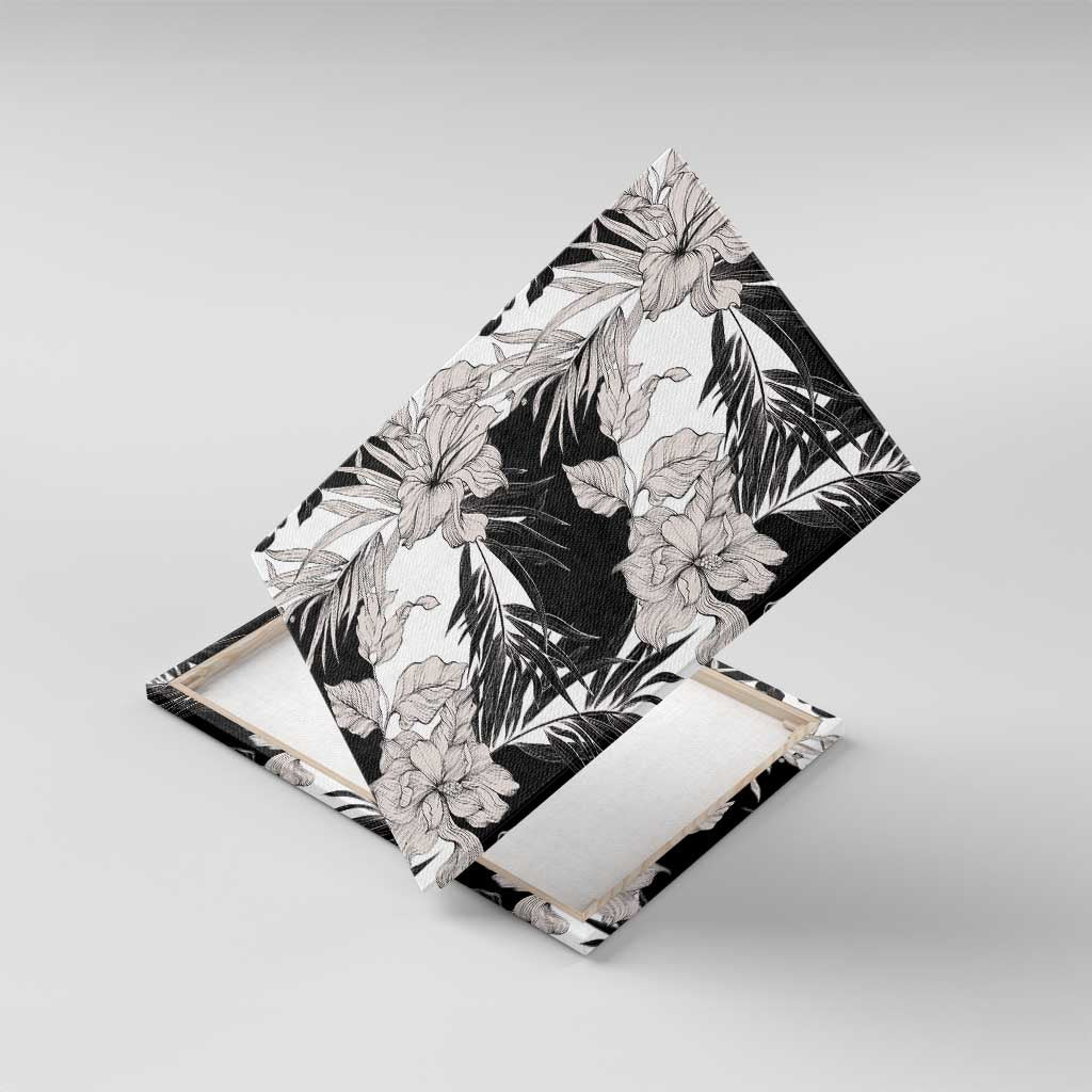 Black White Monotone Tropical Flowers Pattern Canvas Wall Art - Polynesian Pride