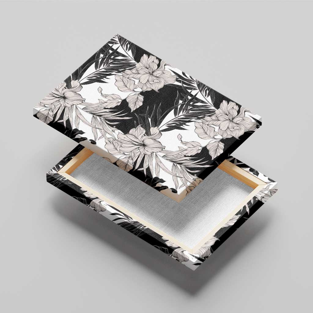 Black White Monotone Tropical Flowers Pattern Canvas Wall Art - Polynesian Pride