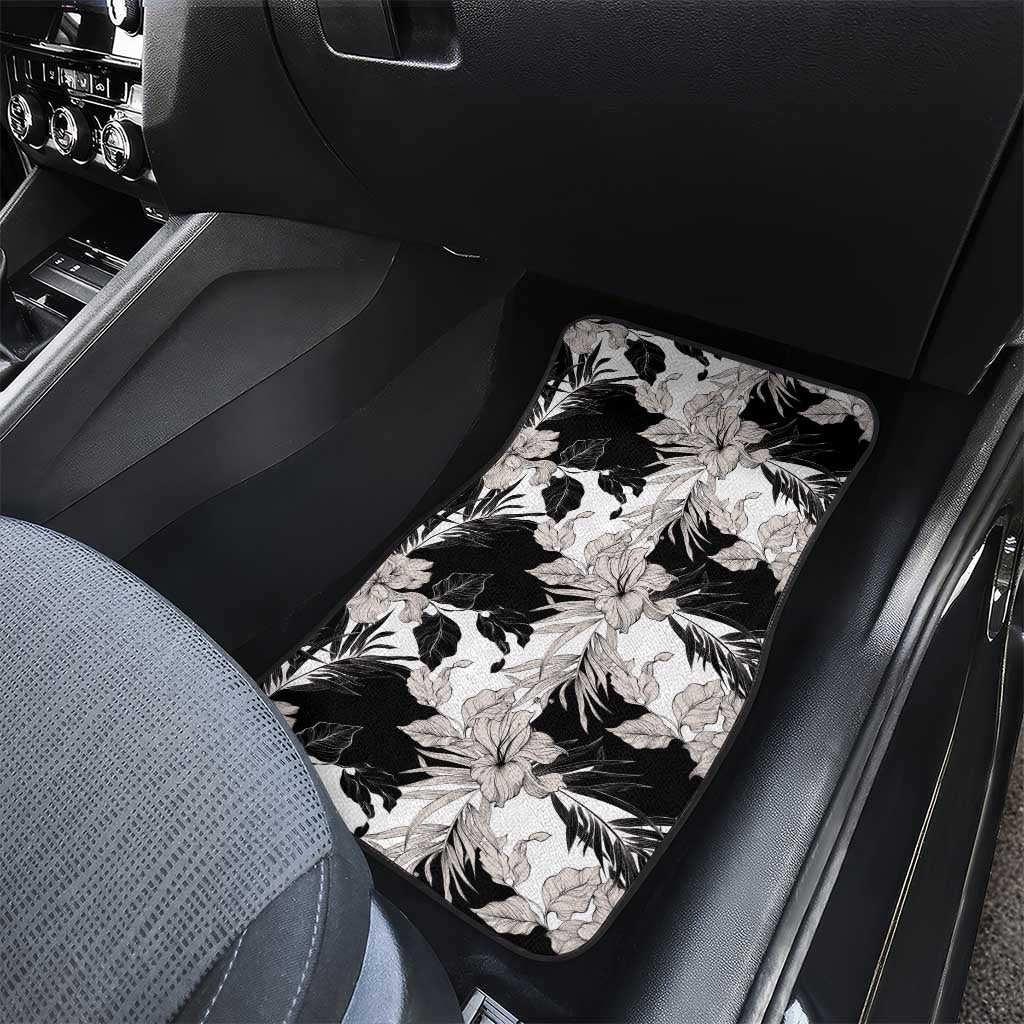 Black White Monotone Tropical Flowers Pattern Car Mats - Polynesian Pride