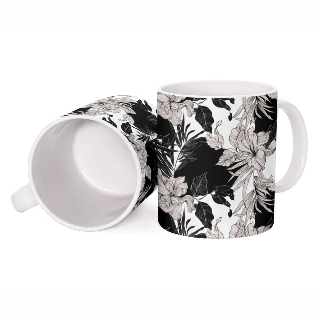 Black White Monotone Tropical Flowers Pattern Ceramic Mug - Polynesian Pride