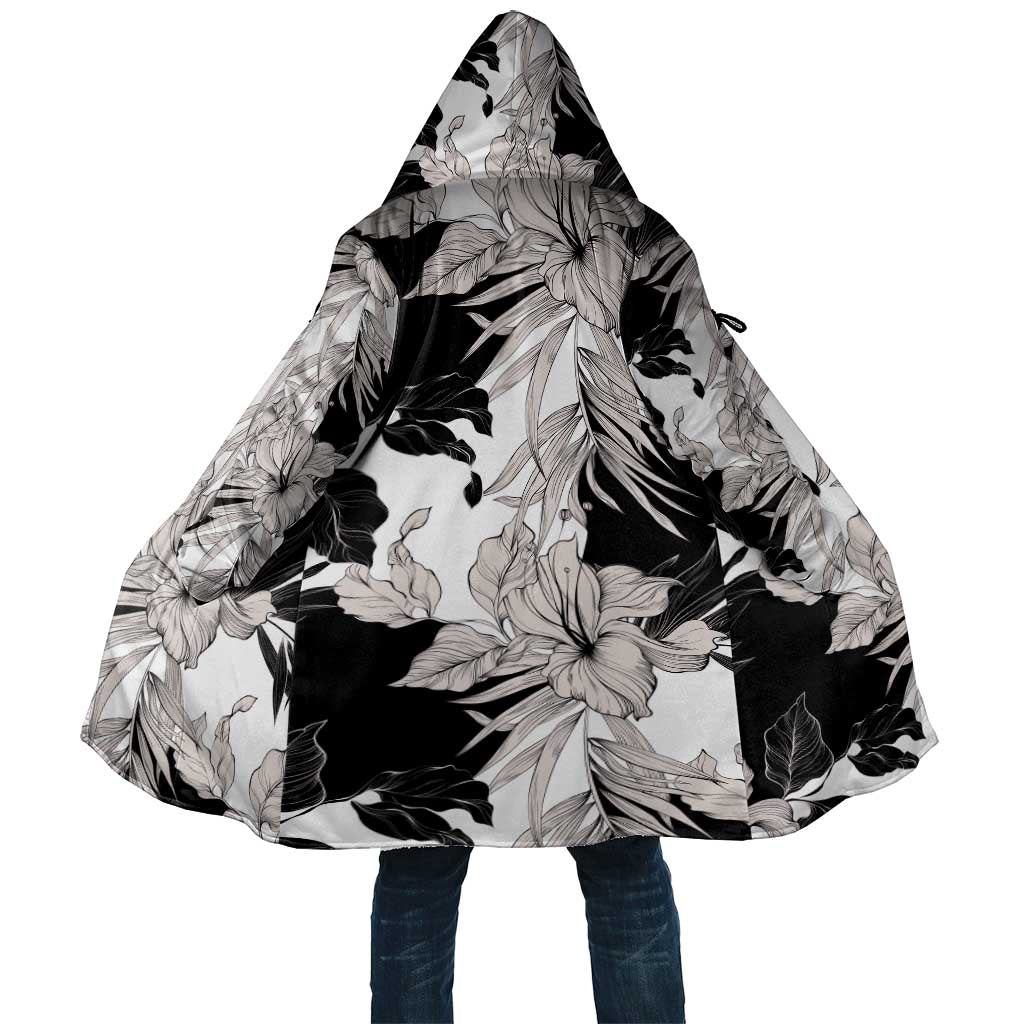 Black White Monotone Tropical Flowers Pattern Cloak - Polynesian Pride