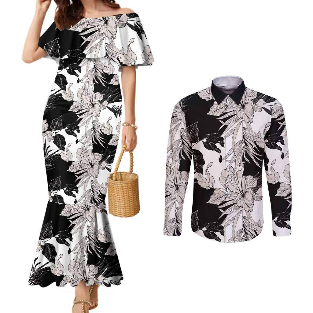 Black White Monotone Tropical Flowers Pattern Couples Matching Mermaid Dress and Long Sleeve Button Shirt - Polynesian Pride