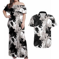Black White Monotone Tropical Flowers Pattern Couples Matching Off Shoulder Maxi Dress and Hawaiian Shirt - Polynesian Pride
