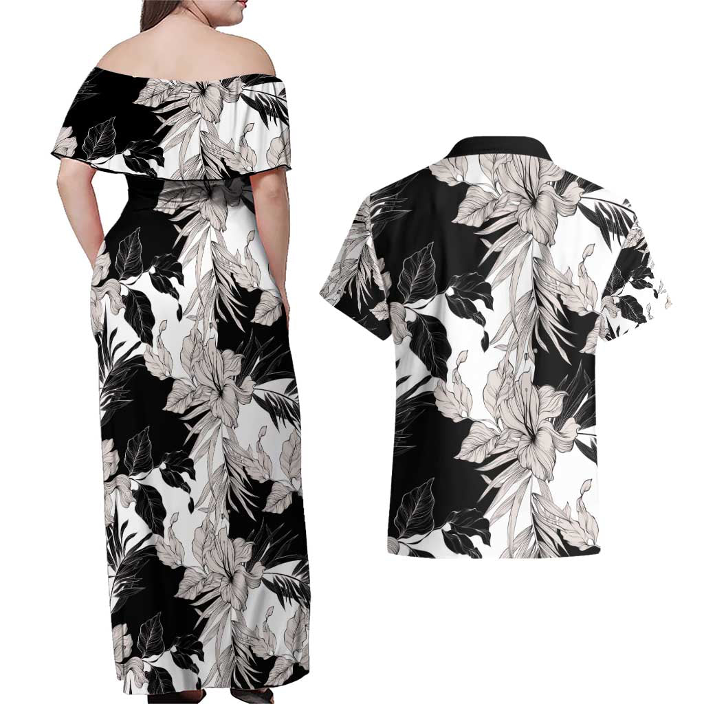 Black White Monotone Tropical Flowers Pattern Couples Matching Off Shoulder Maxi Dress and Hawaiian Shirt - Polynesian Pride