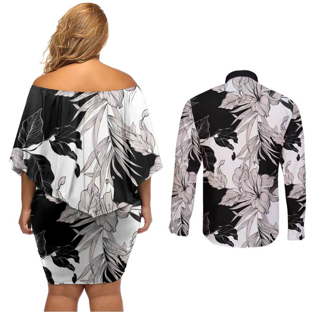 Black White Monotone Tropical Flowers Pattern Couples Matching Off Shoulder Short Dress and Long Sleeve Button Shirt - Polynesian Pride
