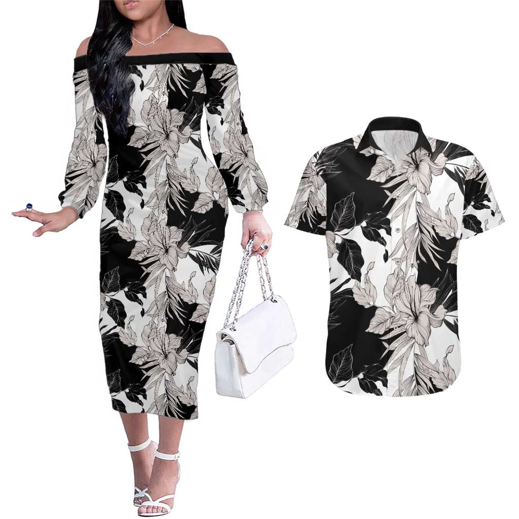 Black White Monotone Tropical Flowers Pattern Couples Matching Off The Shoulder Long Sleeve Dress and Hawaiian Shirt - Polynesian Pride