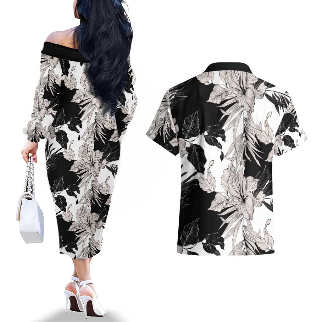 Black White Monotone Tropical Flowers Pattern Couples Matching Off The Shoulder Long Sleeve Dress and Hawaiian Shirt - Polynesian Pride