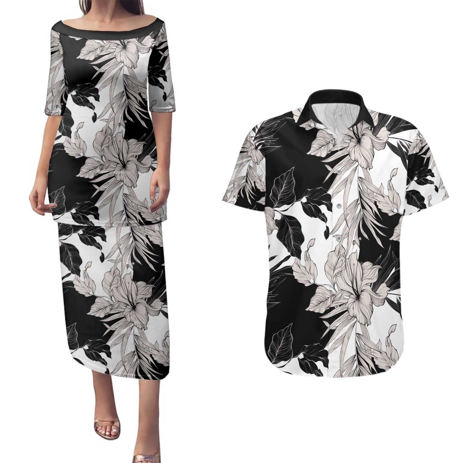 Black White Monotone Tropical Flowers Pattern Couples Matching Puletasi and Hawaiian Shirt - Polynesian Pride