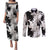 Black White Monotone Tropical Flowers Pattern Couples Matching Puletasi and Long Sleeve Button Shirt - Polynesian Pride