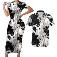 Black White Monotone Tropical Flowers Pattern Couples Matching Short Sleeve Bodycon Dress and Hawaiian Shirt - Polynesian Pride