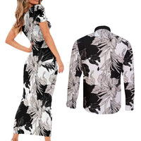 Black White Monotone Tropical Flowers Pattern Couples Matching Short Sleeve Bodycon Dress and Long Sleeve Button Shirt - Polynesian Pride