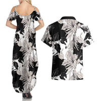 Black White Monotone Tropical Flowers Pattern Couples Matching Summer Maxi Dress and Hawaiian Shirt - Polynesian Pride