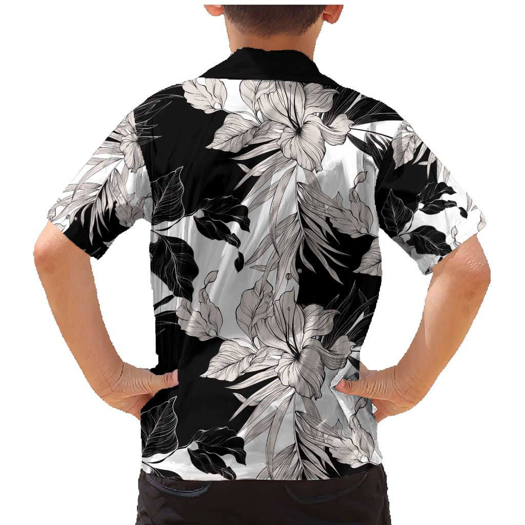 Black White Monotone Tropical Flowers Pattern Family Matching Mermaid Dress and Hawaiian Shirt - Polynesian Pride