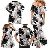 Black White Monotone Tropical Flowers Pattern Family Matching Mermaid Dress and Hawaiian Shirt - Polynesian Pride