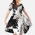 Black White Monotone Tropical Flowers Pattern Family Matching Off The Shoulder Long Sleeve Dress and Hawaiian Shirt - Polynesian Pride