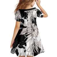 Black White Monotone Tropical Flowers Pattern Family Matching Off The Shoulder Long Sleeve Dress and Hawaiian Shirt - Polynesian Pride