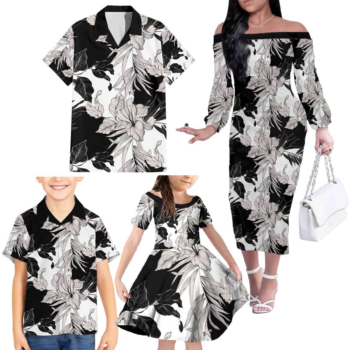 Black White Monotone Tropical Flowers Pattern Family Matching Off The Shoulder Long Sleeve Dress and Hawaiian Shirt - Polynesian Pride