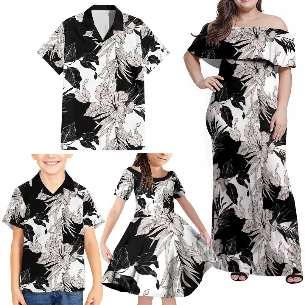 Black White Monotone Tropical Flowers Pattern Family Matching Off Shoulder Maxi Dress and Hawaiian Shirt - Polynesian Pride