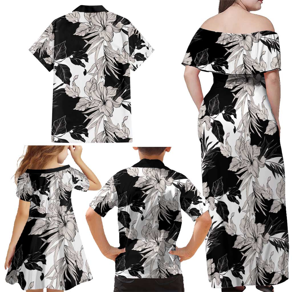 Black White Monotone Tropical Flowers Pattern Family Matching Off Shoulder Maxi Dress and Hawaiian Shirt - Polynesian Pride