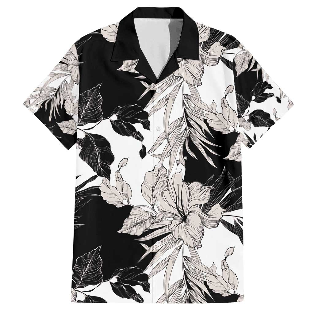 Black White Monotone Tropical Flowers Pattern Family Matching Off Shoulder Maxi Dress and Hawaiian Shirt - Polynesian Pride