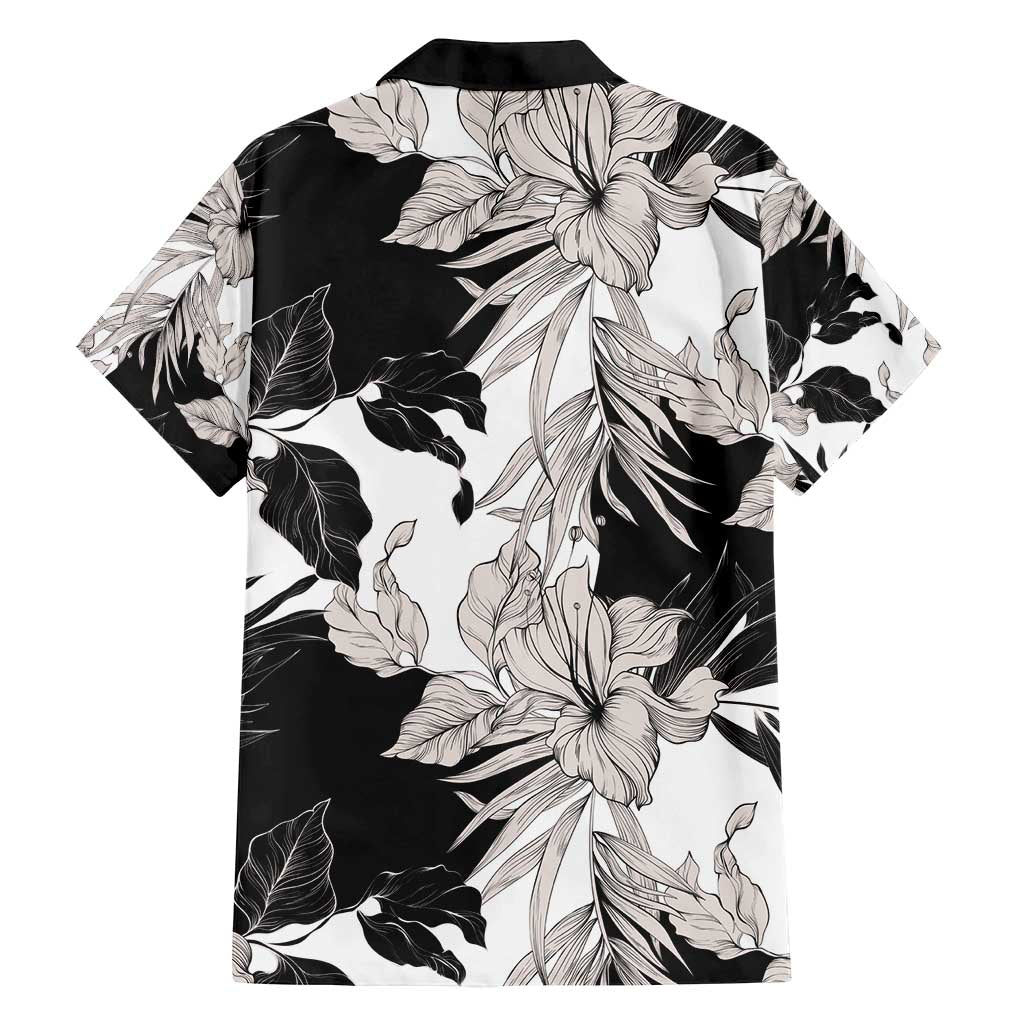 Black White Monotone Tropical Flowers Pattern Family Matching Off Shoulder Maxi Dress and Hawaiian Shirt - Polynesian Pride
