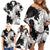 Black White Monotone Tropical Flowers Pattern Family Matching Off Shoulder Short Dress and Hawaiian Shirt - Polynesian Pride