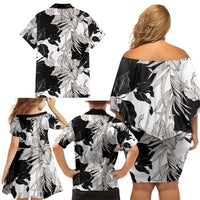 Black White Monotone Tropical Flowers Pattern Family Matching Off Shoulder Short Dress and Hawaiian Shirt - Polynesian Pride