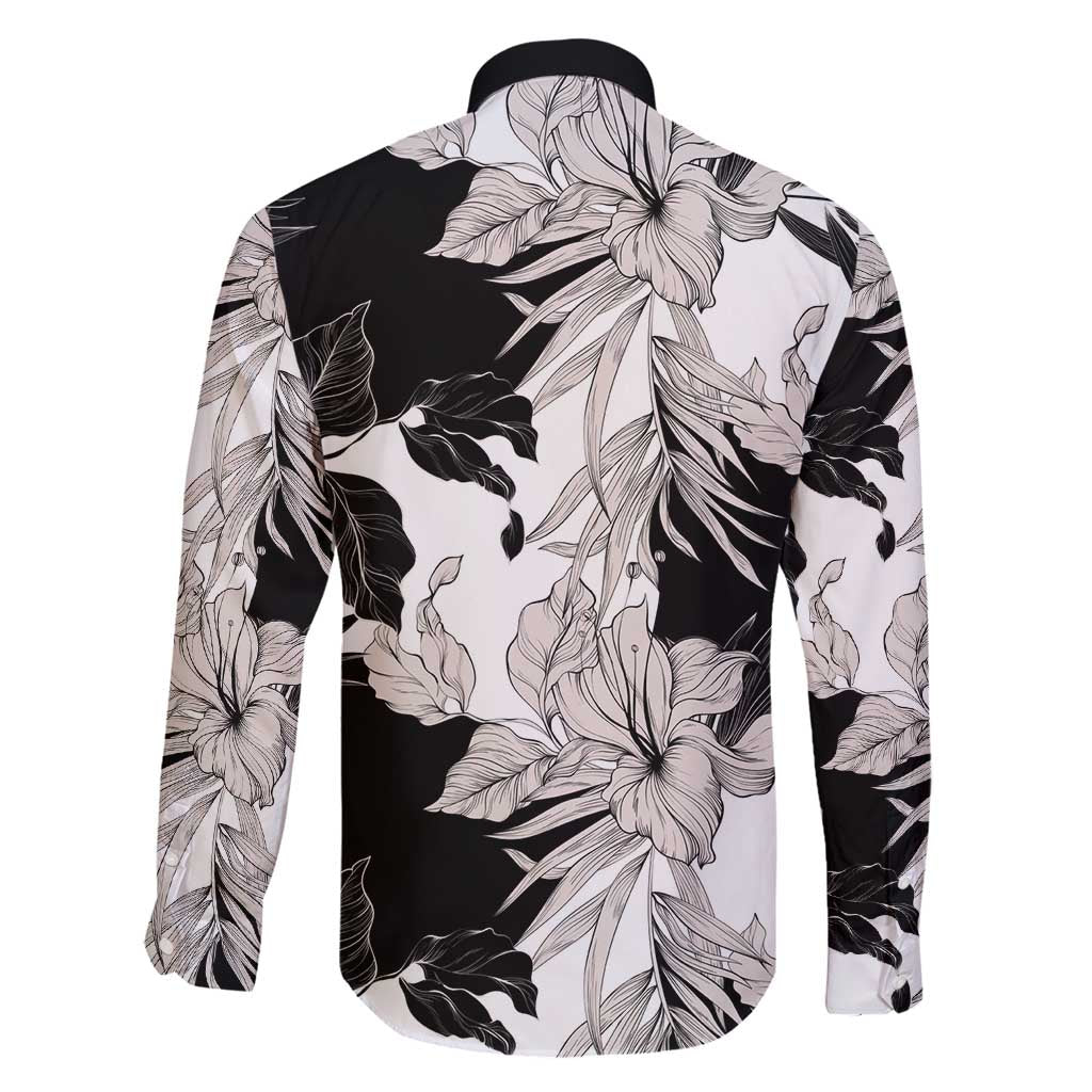 Black White Monotone Tropical Flowers Pattern Family Matching Off Shoulder Short Dress and Hawaiian Shirt - Polynesian Pride