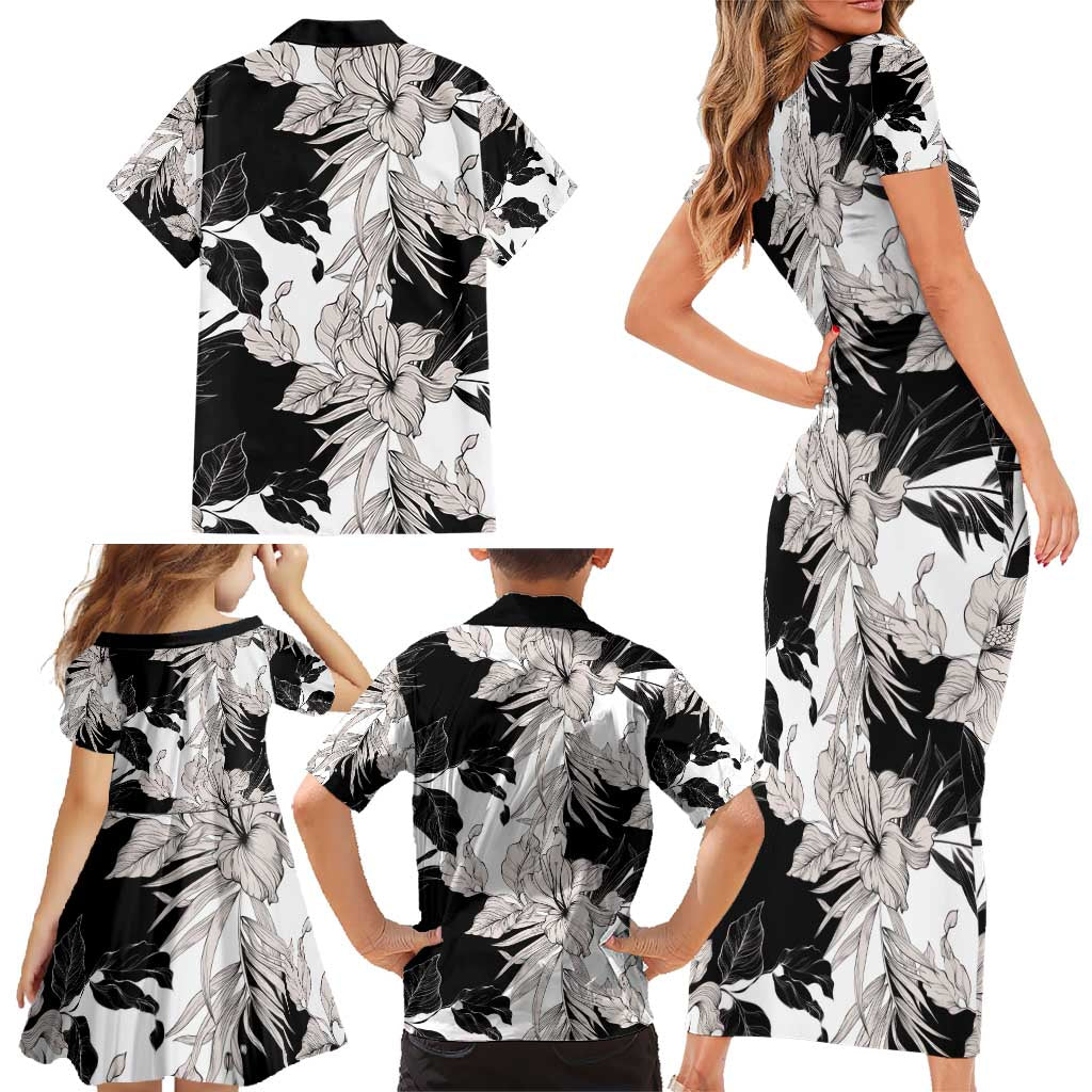 Black White Monotone Tropical Flowers Pattern Family Matching Short Sleeve Bodycon Dress and Hawaiian Shirt - Polynesian Pride