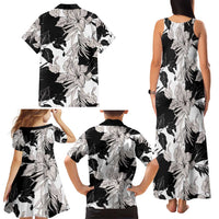 Black White Monotone Tropical Flowers Pattern Family Matching Tank Maxi Dress and Hawaiian Shirt - Polynesian Pride