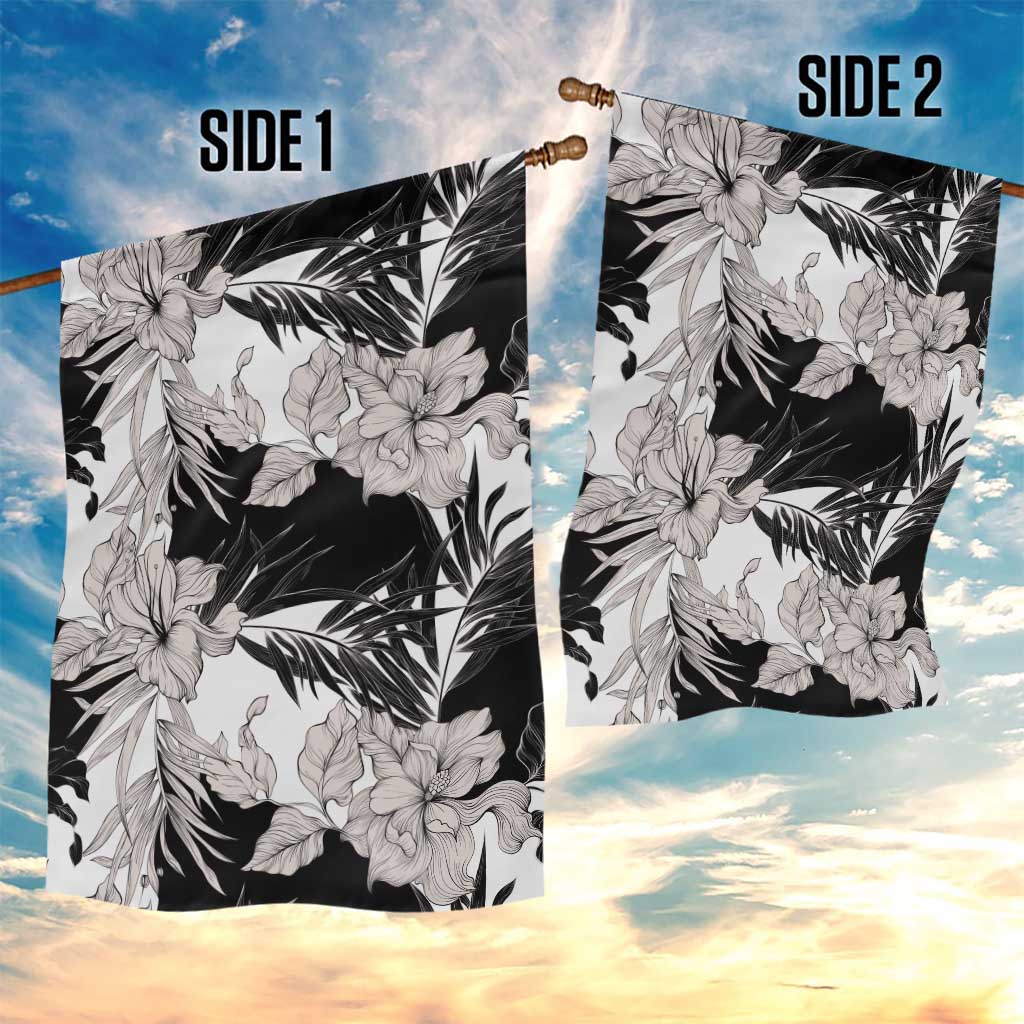 Black White Monotone Tropical Flowers Pattern Garden Flag - Polynesian Pride