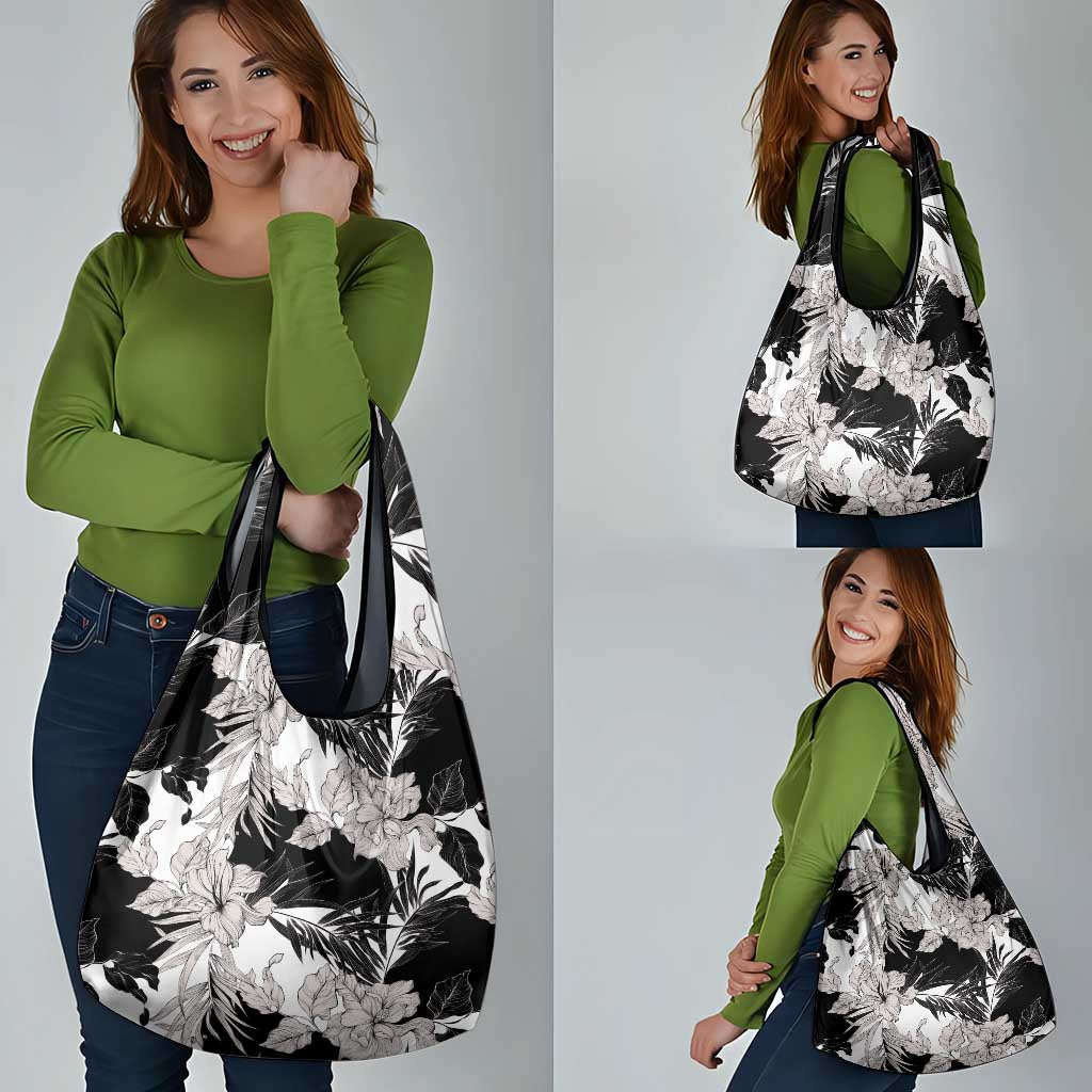Black White Monotone Tropical Flowers Pattern Grocery Bag - Polynesian Pride