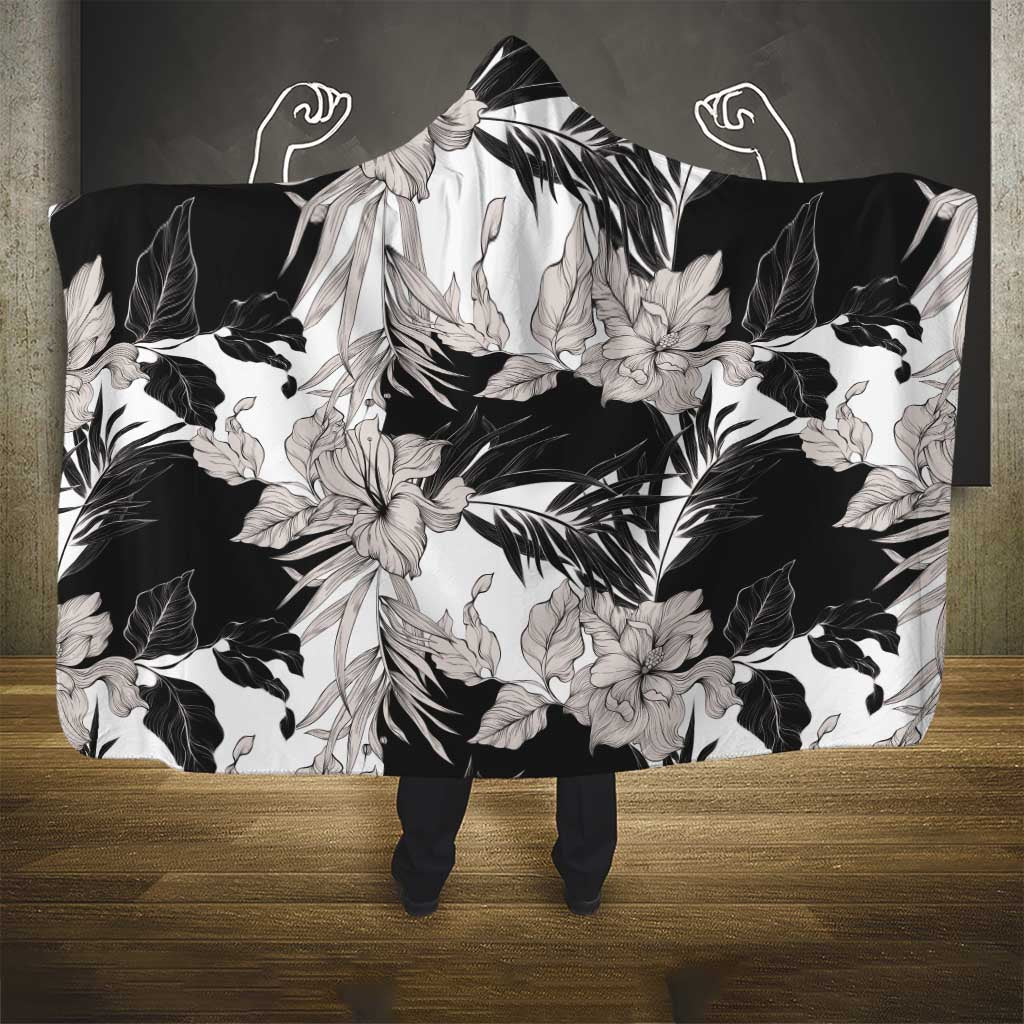 Black White Monotone Tropical Flowers Pattern Hooded Blanket - Polynesian Pride