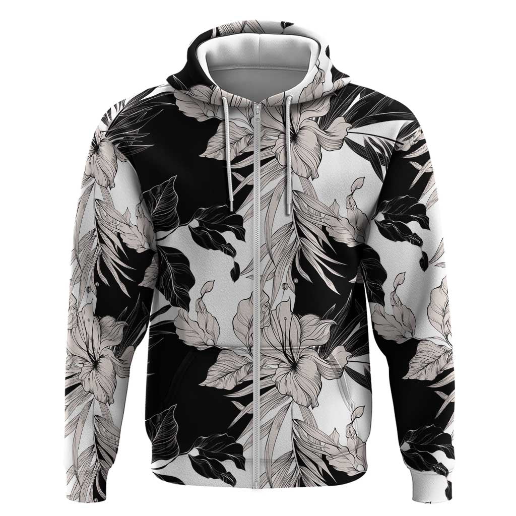 Black White Monotone Tropical Flowers Pattern Hoodie - Polynesian Pride
