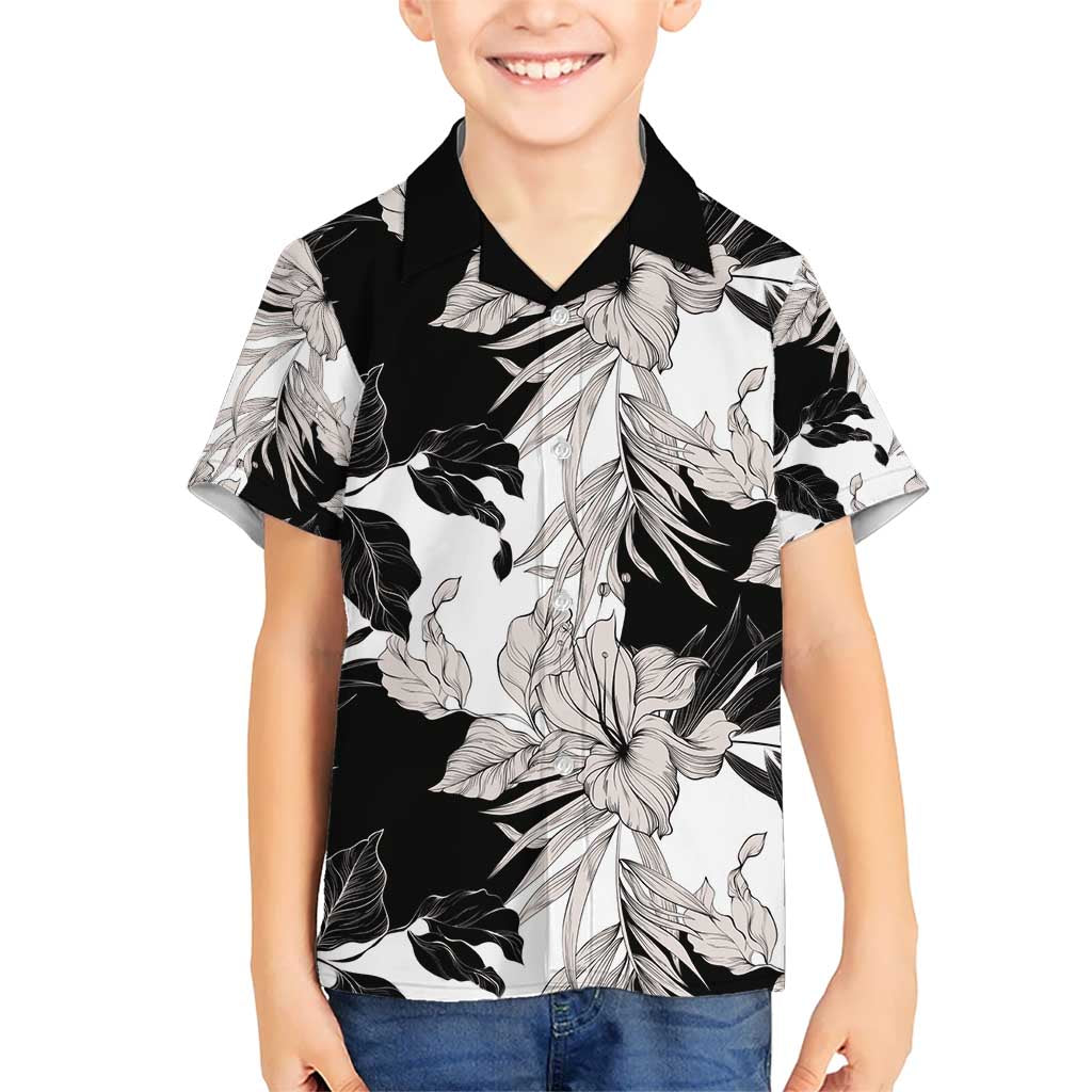 Black White Monotone Tropical Flowers Pattern Kid Hawaiian Shirt - Polynesian Pride