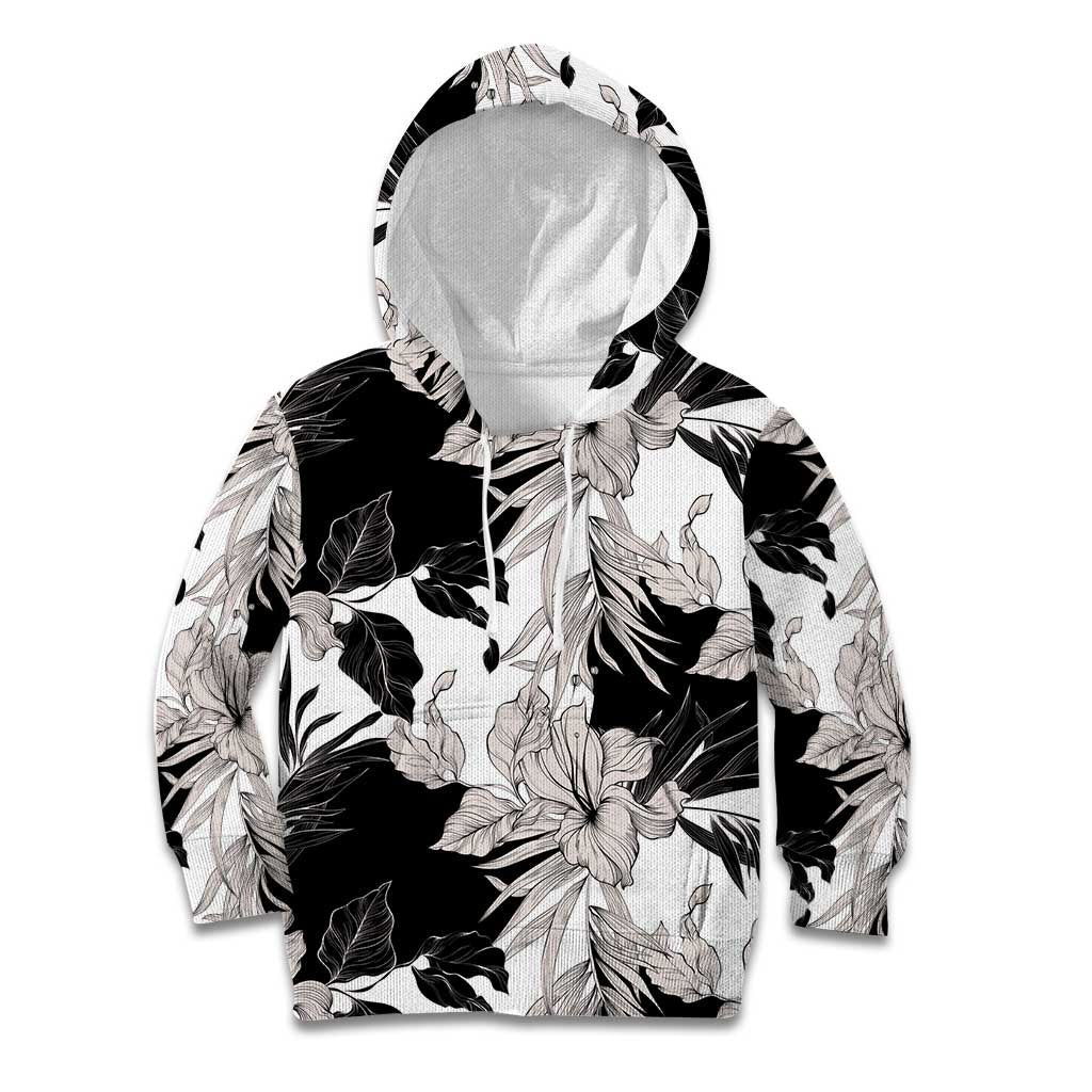 Black White Monotone Tropical Flowers Pattern Kid Hoodie - Polynesian Pride