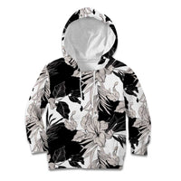 Black White Monotone Tropical Flowers Pattern Kid Hoodie - Polynesian Pride