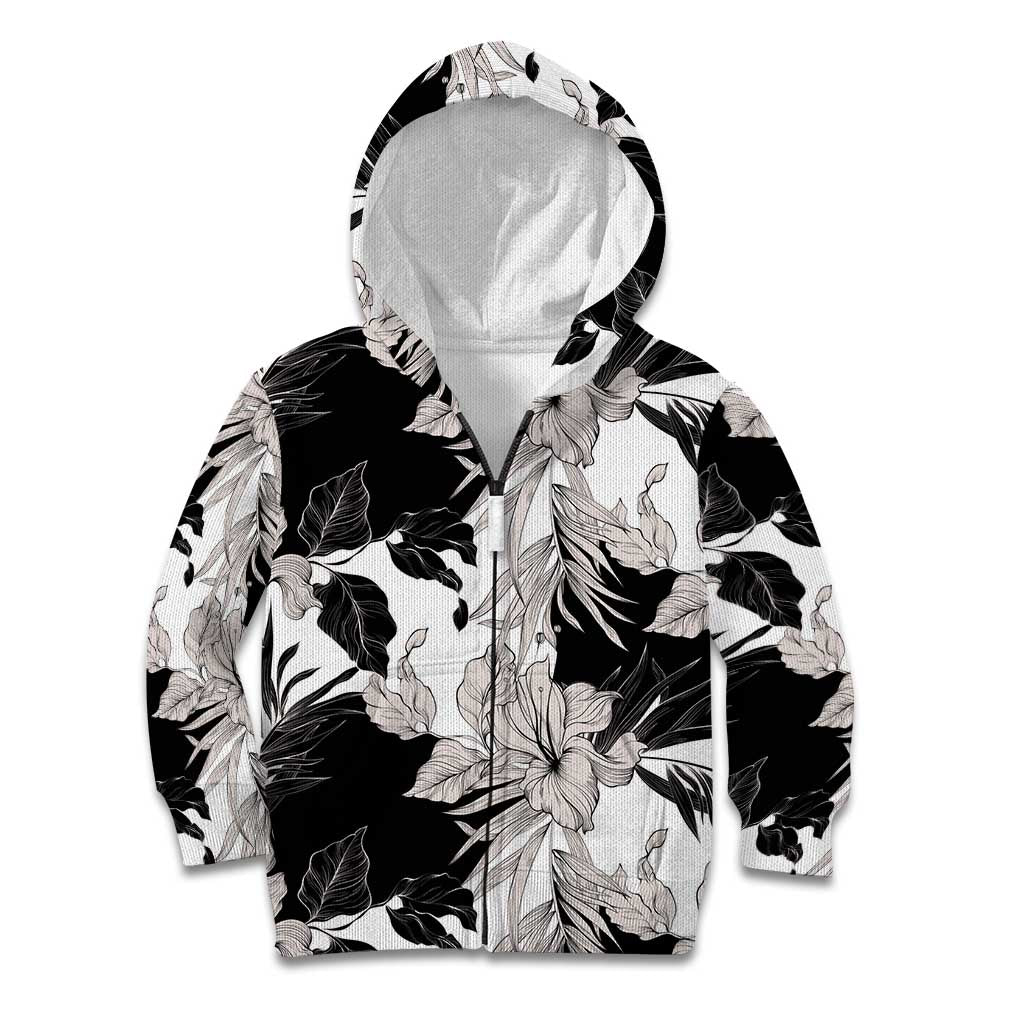 Black White Monotone Tropical Flowers Pattern Kid Hoodie - Polynesian Pride