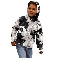 Black White Monotone Tropical Flowers Pattern Kid Hoodie - Polynesian Pride